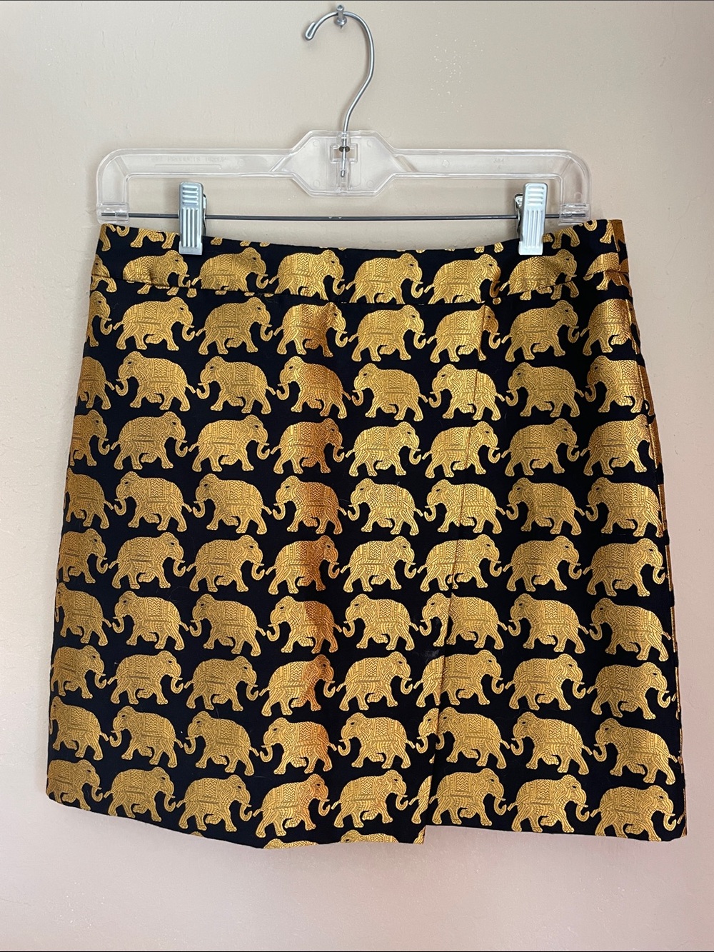 J. Crew Gold Jacquard Wrap Elephant Print front lined Black Mini Skirt - Picture 2 of 5